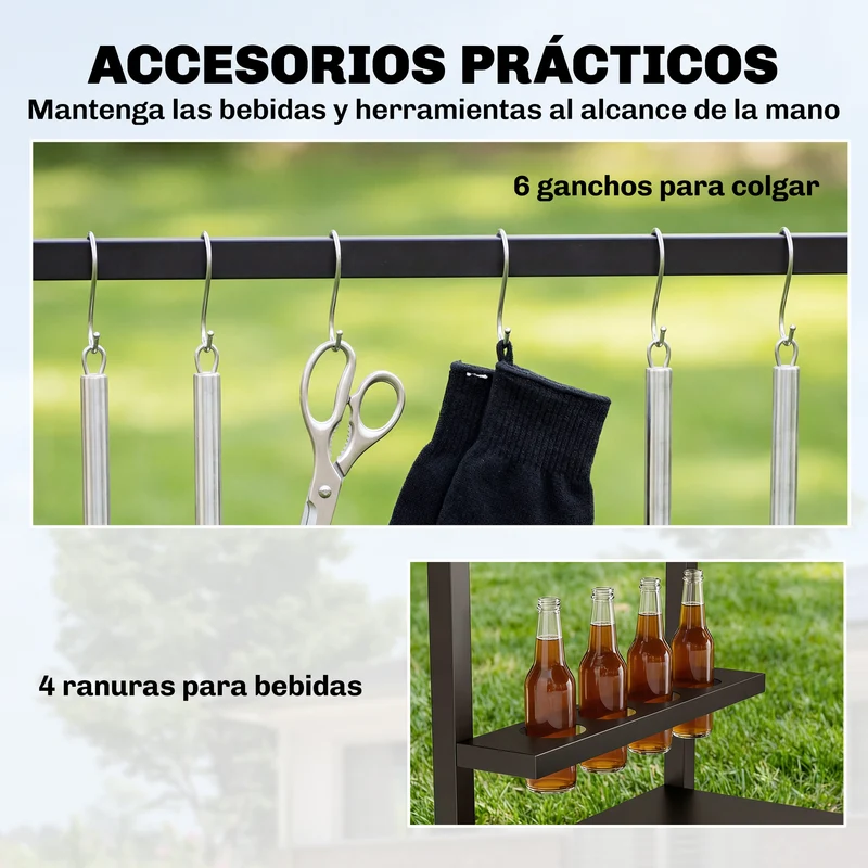 Outsunny Carrito de Barbacoa de 2 Niveles Mesa Auxiliar para Barbacoa Móvil con Ruedas Portabebidas Ganchos Asa Encimera Imitación madera Mesa de Horno de Pizza para Exterior Negro y Marrón
