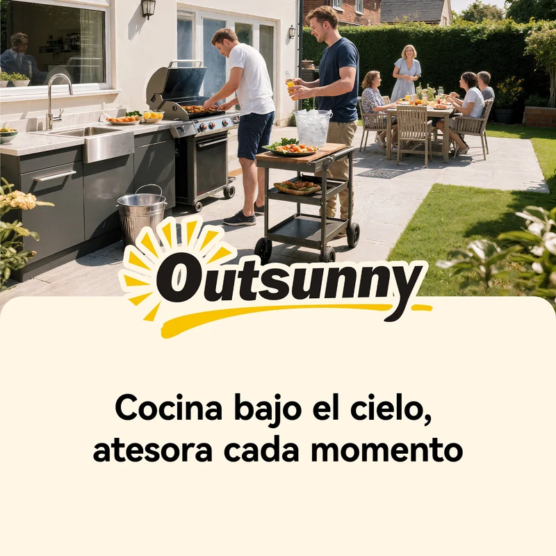 Outsunny Carrito de Barbacoa de 2 Niveles Mesa Auxiliar para Barbacoa Móvil con Ruedas Portabebidas Ganchos Asa Encimera Imitación madera Mesa de Horno de Pizza para Exterior Negro y Marrón