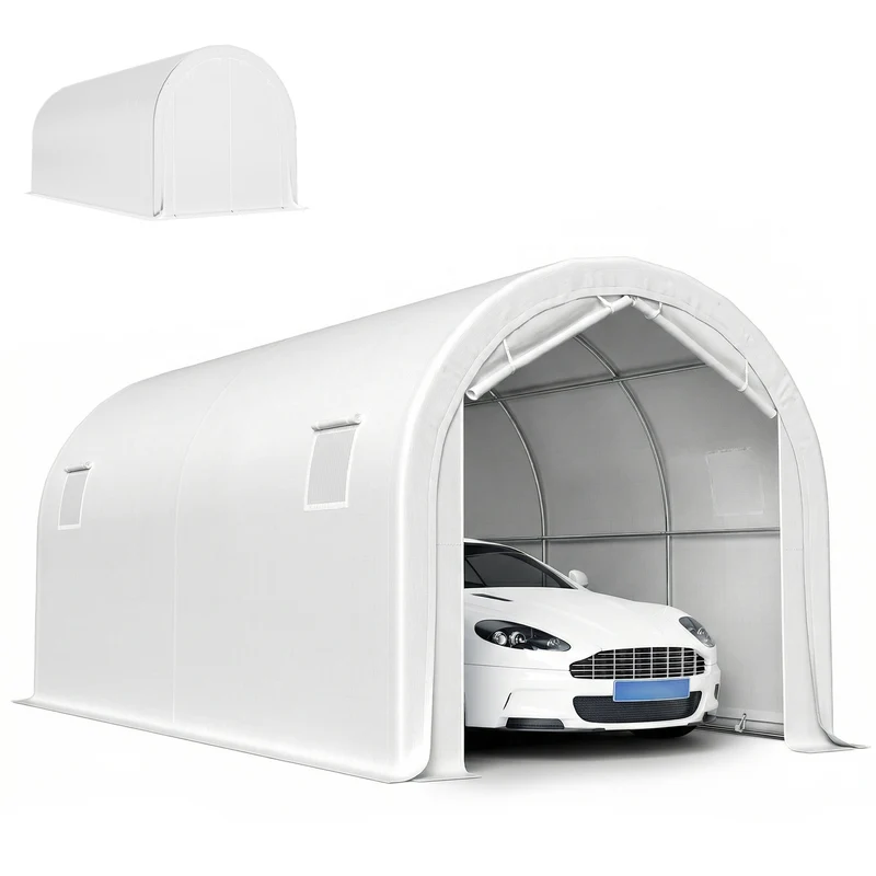 Outsunny Carpa Garaje Portátil 3x6 m, Garaje Exterior para Coche Impermeable con Puerta Enrollable con Cremalleras y 4 Ventanas, Marco Metal Galvanizado, UPF 30+, Cobertizo de Almacenamiento, Blanco