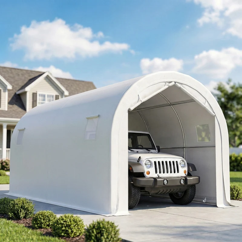 Outsunny Carpa Garaje Portátil 3x6 m, Garaje Exterior para Coche Impermeable con Puerta Enrollable con Cremalleras y 4 Ventanas, Marco Metal Galvanizado, UPF 30+, Cobertizo de Almacenamiento, Blanco
