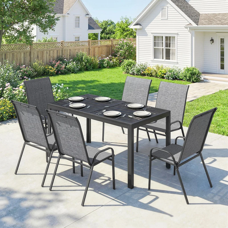 Outsunny Conjunto de Mesa y Sillas Jardín de 7 Piezas, Muebles Jardín Exterior con Mesa Metálica Efecto Madera con Agujero, 6 Sillas Apilables Transpirables, Marco de Acero Resistente, Gris Mixto