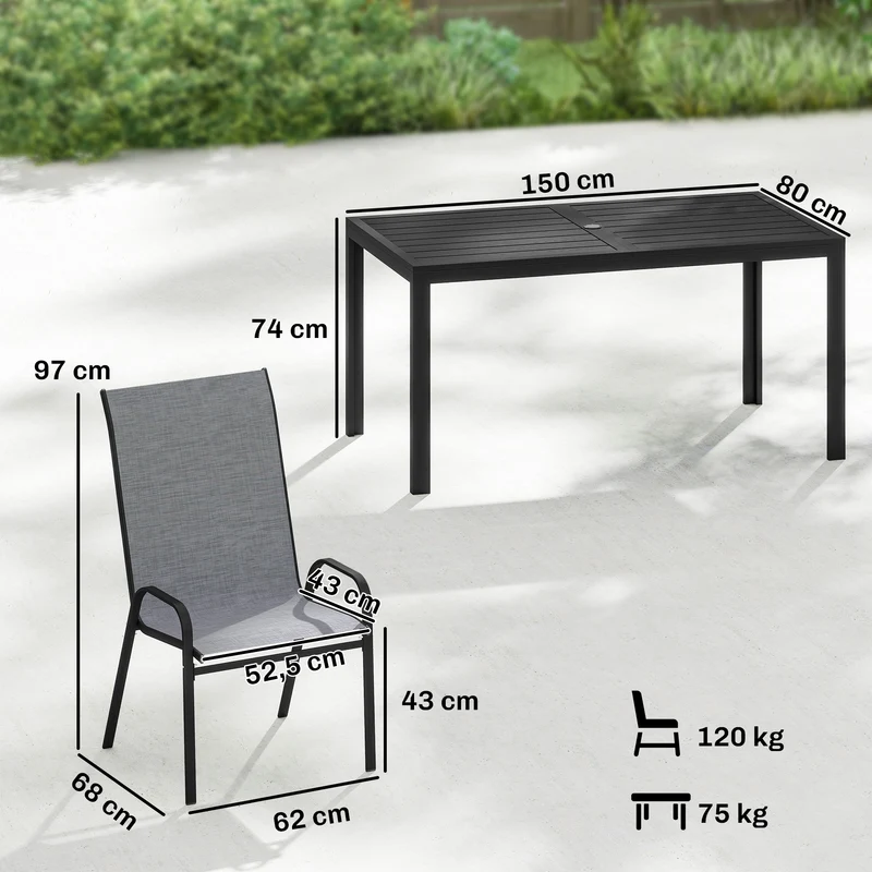 Outsunny Conjunto de Mesa y Sillas Jardín de 7 Piezas, Muebles Jardín Exterior con Mesa Metálica Efecto Madera con Agujero, 6 Sillas Apilables Transpirables, Marco de Acero Resistente, Gris Mixto
