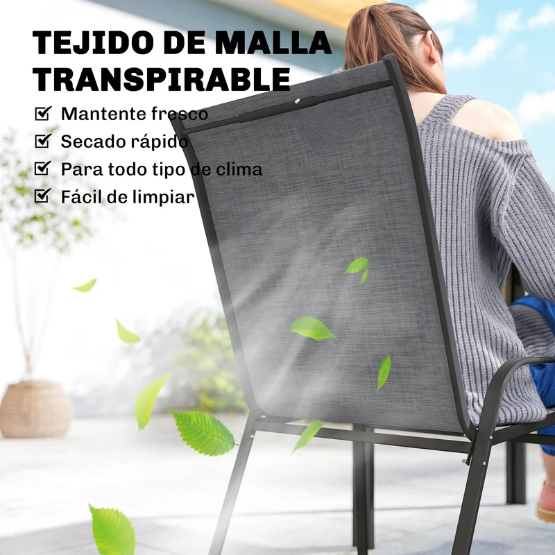 Outsunny Conjunto de Mesa y Sillas Jardín de 7 Piezas, Muebles Jardín Exterior con Mesa Metálica Efecto Madera con Agujero, 6 Sillas Apilables Transpirables, Marco de Acero Resistente, Gris Mixto