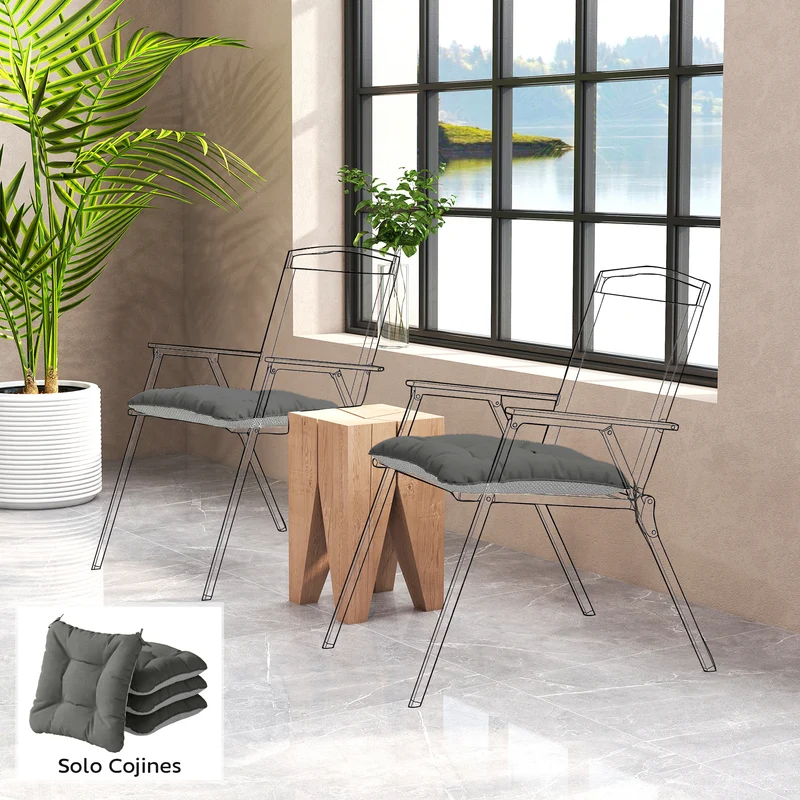Outsunny Set de 4 Cojines para Sillas, Cojines para Jardín, Colchones de Silla con Lazos y Base Antideslizante, Impermeables, Protección UV30+, para Interior y Exterior, 39,5x39,5x10 cm, Gris Oscuro