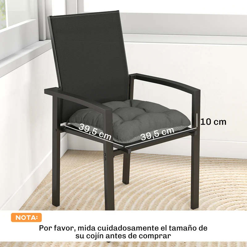 Outsunny Set de 4 Cojines para Sillas, Cojines para Jardín, Colchones de Silla con Lazos y Base Antideslizante, Impermeables, Protección UV30+, para Interior y Exterior, 39,5x39,5x10 cm, Gris Oscuro