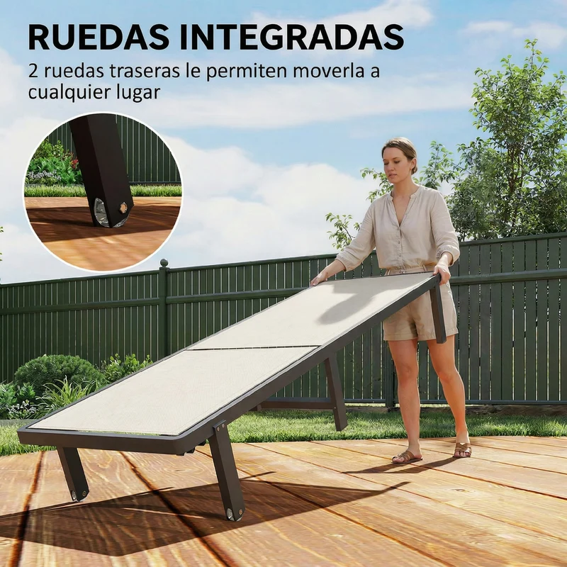 Outsunny Pack de 2 Tumbonas de Jardín Exterior, Tumbonas Reclinables con Ruedas, Respaldo Ajustable de 4 Niveles, Estructura de Aluminio y Tela Textilene, Resistentes, para Playa, Piscina, Beige