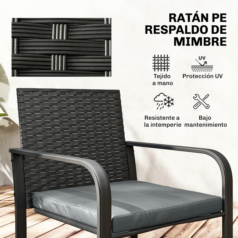 Outsunny Conjunto de Jardín Exterior de 3 Piezas, Muebles Jardín Exterior de Ratán con 2 Sillas con Cojines, Tela Textilene y Mesa de Vidrio Templado, Resistente a Intemperie, para Balcón, Patio, Gris