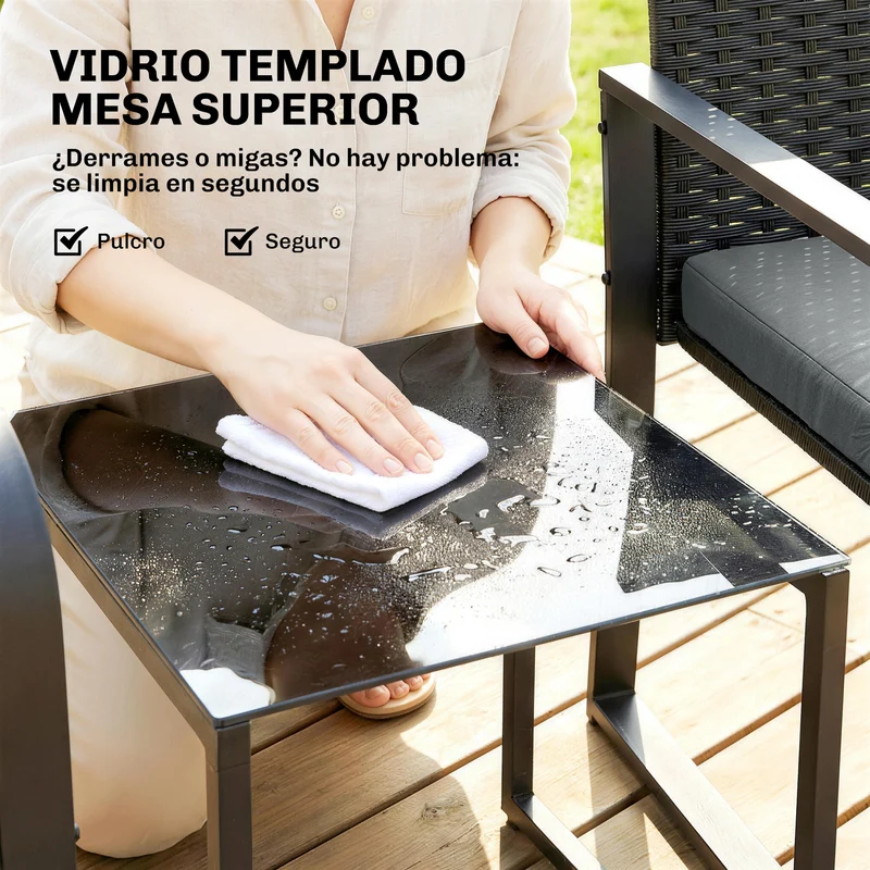 Outsunny Conjunto de Jardín Exterior de 3 Piezas, Muebles Jardín Exterior de Ratán con 2 Sillas con Cojines, Tela Textilene y Mesa de Vidrio Templado, Resistente a Intemperie, para Balcón, Patio, Gris