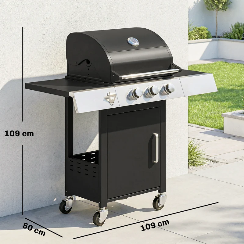 Outsunny Barbacoa de Gas BBQ Gas con 3 Quemadores 8,1 kW Barbacoa Portátil con Termómetro Mesas Laterales Armario Rejilla Calentadora Parrillas de Hierro Fundido Recogedor Grasa y 4 Ruedas Negro