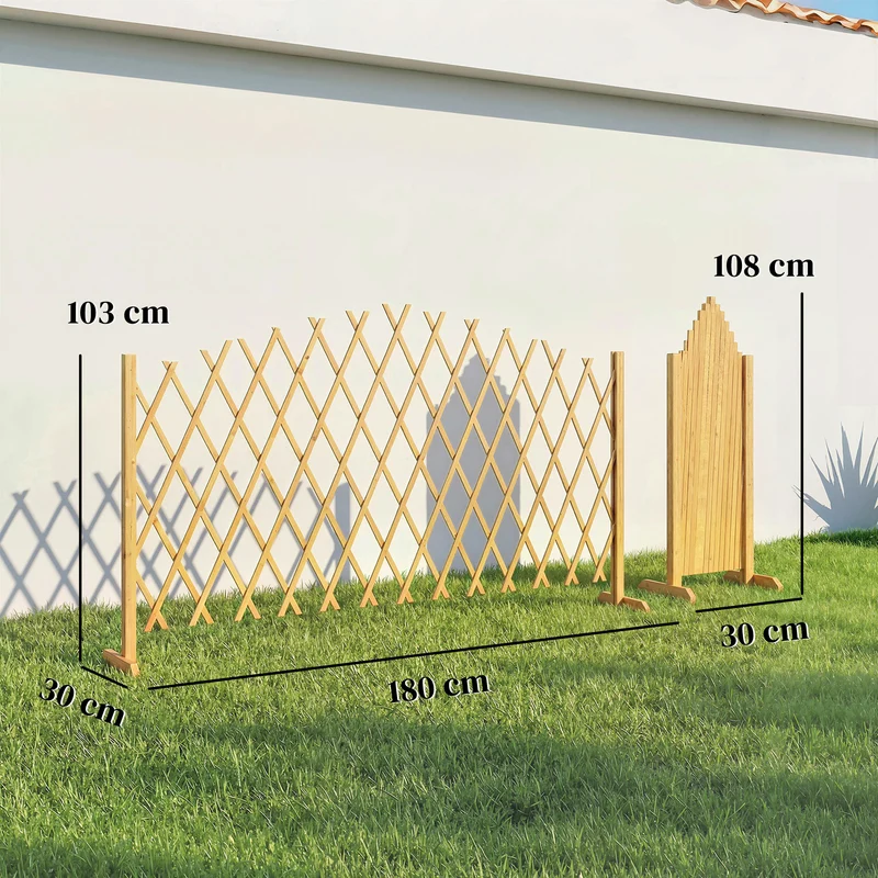 Outsunny Set de 2 Paneles de Vallas de Jardín Exterior de Madera, Puertas de Jardín Exterior Extensibles, Vallas de Jardín para Decoración Terraza, Patio, 180x30x103 cm, Natural