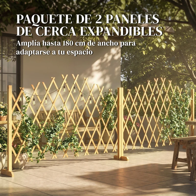 Outsunny Set de 2 Paneles de Vallas de Jardín Exterior de Madera, Puertas de Jardín Exterior Extensibles, Vallas de Jardín para Decoración Terraza, Patio, 180x30x103 cm, Natural