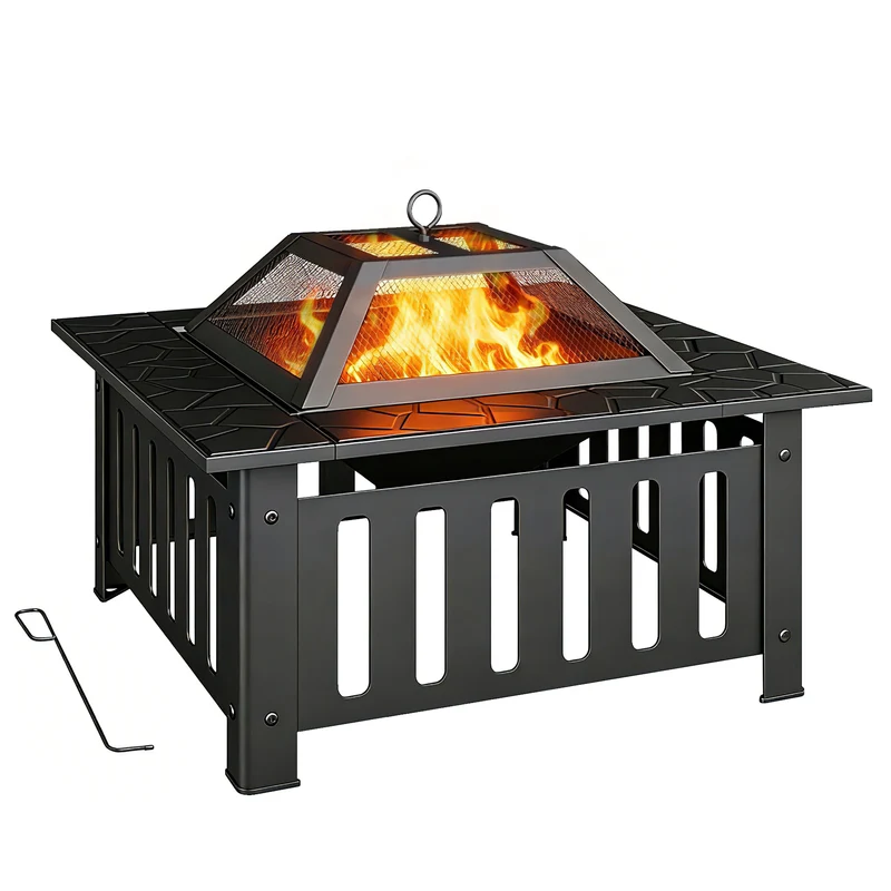 Outsunny Brasero Exterior de Acero Cuadrado, 67x67x47 cm, Brasero Exterior Jardín con Atizador, Tapa de Malla, para Terraza, Camping, Fiesta, Negro