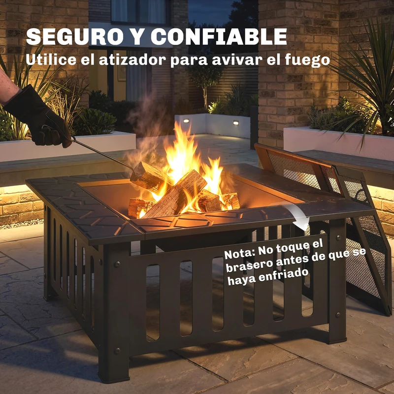 Outsunny Brasero Exterior de Acero Cuadrado, 67x67x47 cm, Brasero Exterior Jardín con Atizador, Tapa de Malla, para Terraza, Camping, Fiesta, Negro
