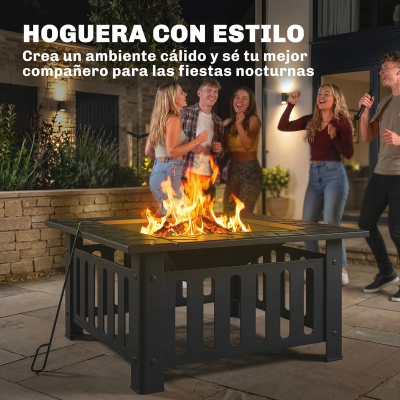 Outsunny Brasero Exterior de Acero Cuadrado, 67x67x47 cm, Brasero Exterior Jardín con Atizador, Tapa de Malla, para Terraza, Camping, Fiesta, Negro