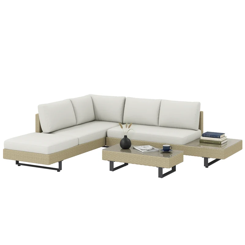 Outsunny Conjunto de Jardín de Ratán de 3 Piezas, Conjunto Terraza Resistente, Muebles Jardín Exterior Incluye Cojines, Sofá de 3 Plazas, Sofá de 2 Plazas con Mesa Lateral, Mesa Centro de Vidrio Beige