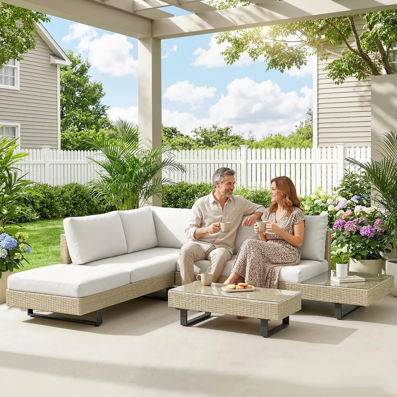 Outsunny Conjunto de Jardín de Ratán de 3 Piezas, Conjunto Terraza Resistente, Muebles Jardín Exterior Incluye Cojines, Sofá de 3 Plazas, Sofá de 2 Plazas con Mesa Lateral, Mesa Centro de Vidrio Beige