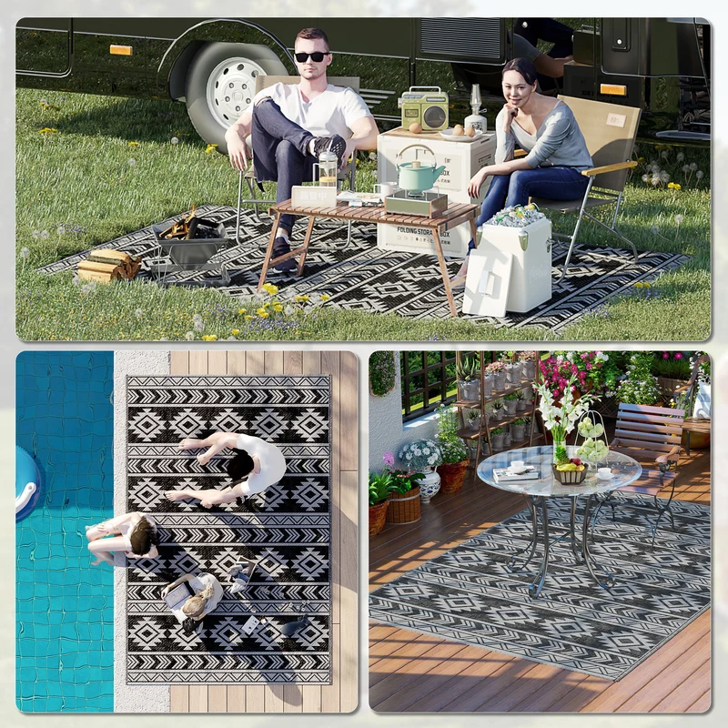 Outsunny Alfombra de Exterior, 182x274 cm, Alfombra Reversible con Patrón Geométrico, Impermeable, Anti-UV, para Terraza, Balcón, Patio, Camping, Viajes en Autocaravana, Negro y Gris Claro