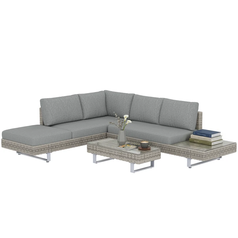 Outsunny Conjunto de Jardín de Ratán de 3 Piezas, Conjunto Terraza Resistente, Muebles Jardín Exterior Incluye Cojines, Sofá de 3 Plazas, Sofá de 2 Plazas con Mesa Lateral, Mesa Centro de Vidrio Gris