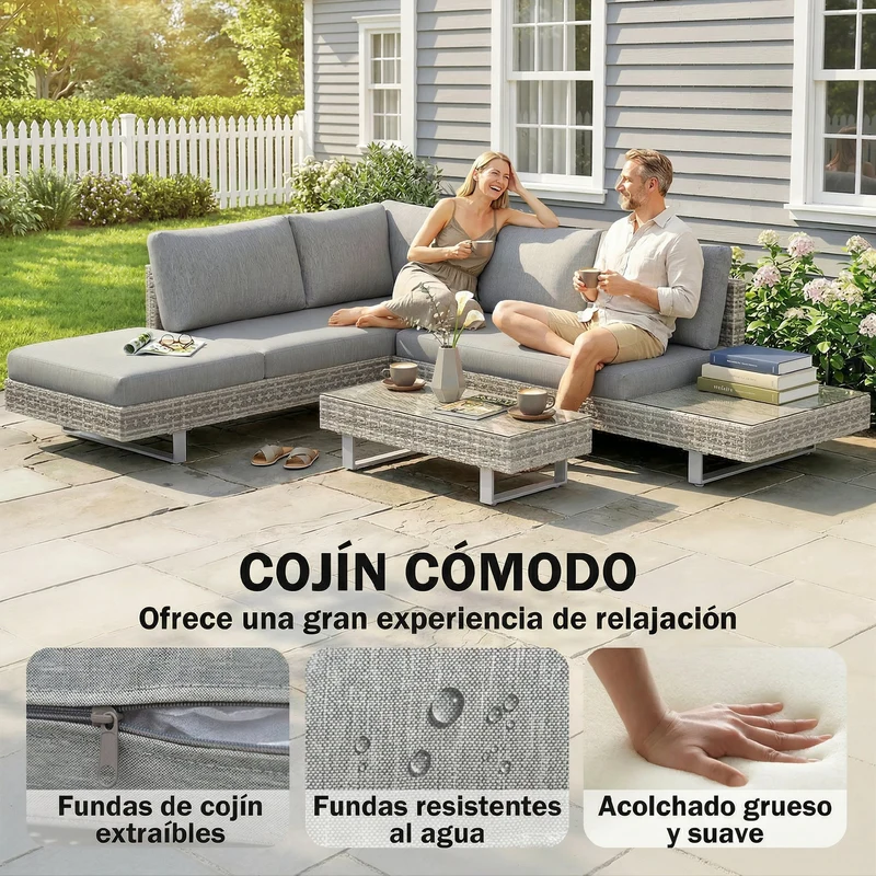 Outsunny Conjunto de Jardín de Ratán de 3 Piezas, Conjunto Terraza Resistente, Muebles Jardín Exterior Incluye Cojines, Sofá de 3 Plazas, Sofá de 2 Plazas con Mesa Lateral, Mesa Centro de Vidrio Gris