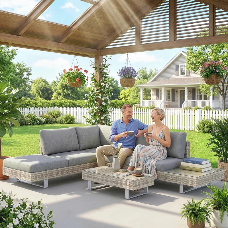 Outsunny Conjunto de Jardín de Ratán de 3 Piezas, Conjunto Terraza Resistente, Muebles Jardín Exterior Incluye Cojines, Sofá de 3 Plazas, Sofá de 2 Plazas con Mesa Lateral, Mesa Centro de Vidrio Gris