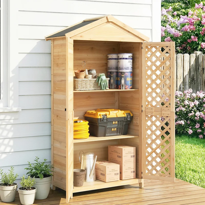 Outsunny Armario de Exterior de Madera Caseta Jardín Exterior con Techo de Asfalto 2 Puertas Ventiladas con Pestillo 2 Estantes Extraíbles Cobertizo de Jardín para Almacenaje Herramientas Natural