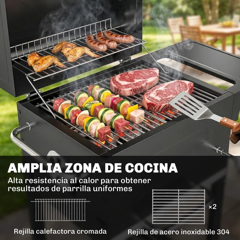 Outsunny Barbacoa de Carbón Portátil, Barbacoa de Carbón con Termómetro, Ventilación Ajustable, Parrilla de Acero Inoxidable, Estante Lateral, Tapa, Bandeja Cenizas, Ruedas, Estante Inferior, Negro
