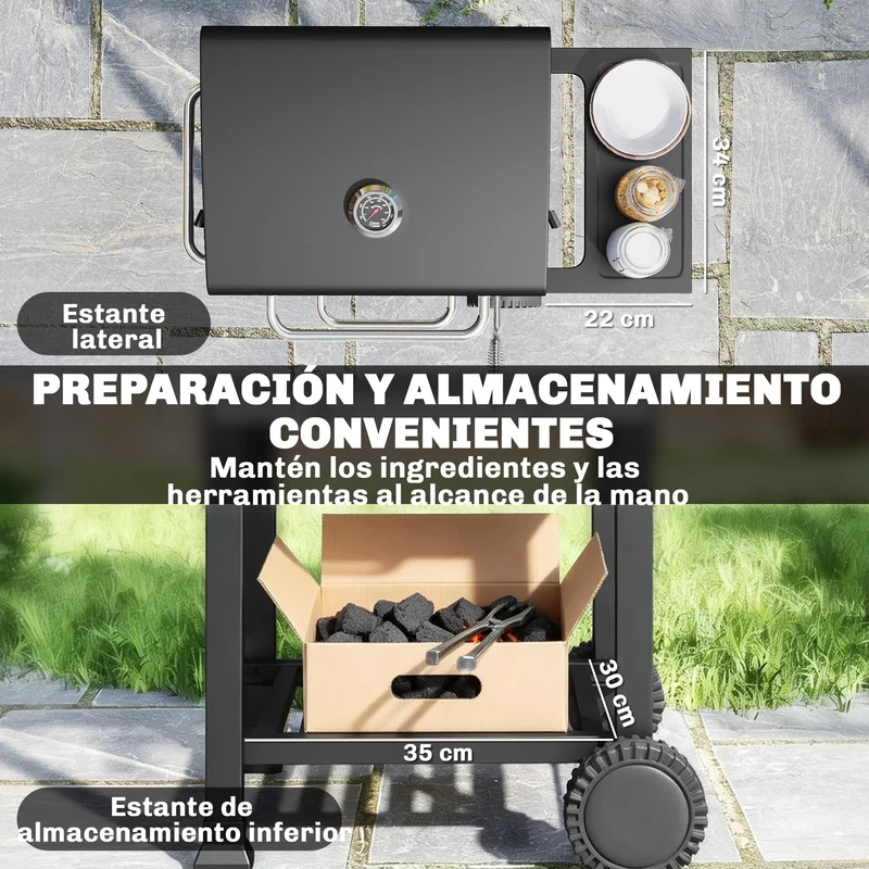 Outsunny Barbacoa de Carbón Portátil, Barbacoa de Carbón con Termómetro, Ventilación Ajustable, Parrilla de Acero Inoxidable, Estante Lateral, Tapa, Bandeja Cenizas, Ruedas, Estante Inferior, Negro