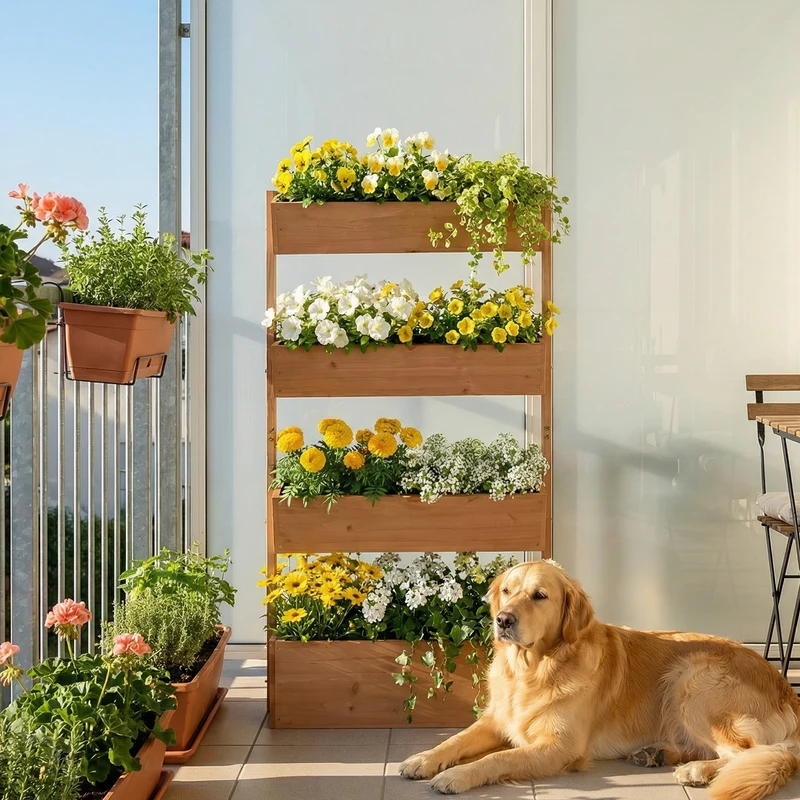 Outsunny Jardinera de Madera de 4 Niveles, Jardinera Exterior Elevada con Orificios de Drenaje y Tela no Tejida, Macetero para Cultivos, Plantas, Flores, para Terraza, Jardín, 85x45x140 cm, Marrón