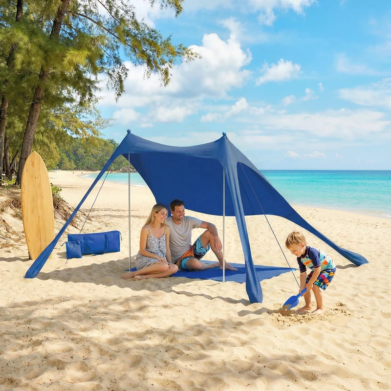 Outsunny Carpa Playa Plegable 208x200 cm, Toldo Playa Portátil para 2-4 Personas con Esterilla, UPF50+, Postes de Aluminio, Pala, Estacas y Bolsa de Transporte Impermeable, para Camping, Pesca, Azul