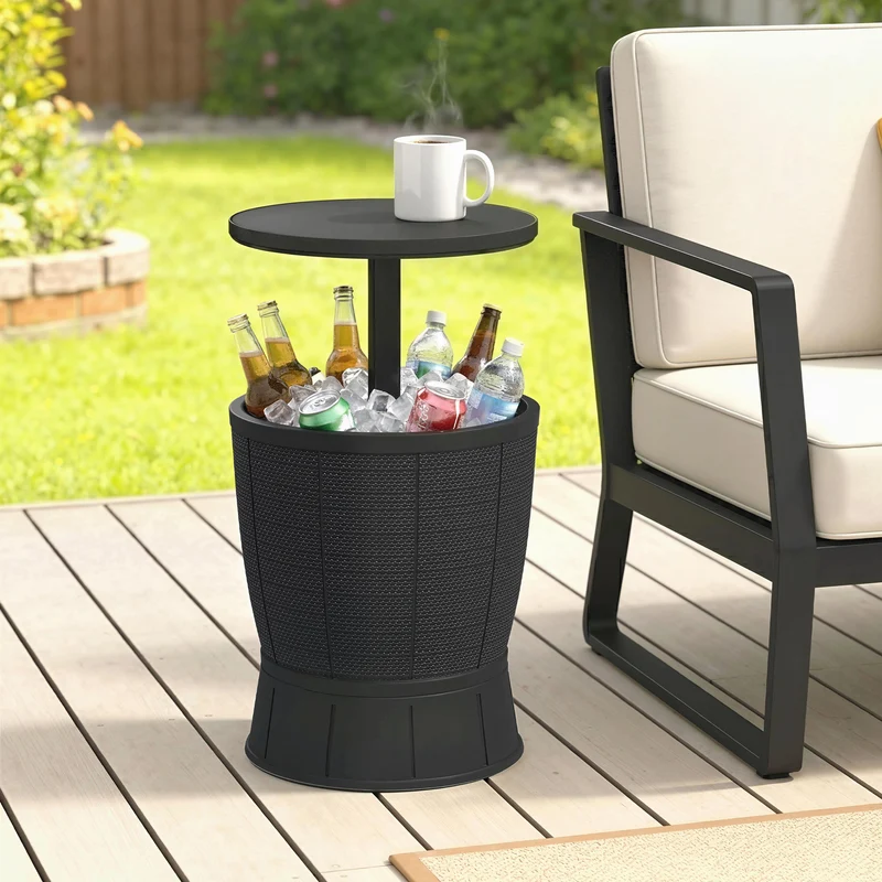Outsunny Mesa Nevera para Exterior, 41 L, 3 en 1, Cool Bar, Mesa Auxiliar, Altura Ajustable 58-84 cm, con Cubo de Hielo, Tapa Superior Elevable, para Fiesta, Piscina, Jardín, Patio, Negro