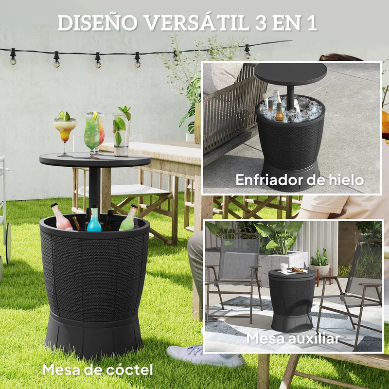 Outsunny Mesa Nevera para Exterior, 41 L, 3 en 1, Cool Bar, Mesa Auxiliar, Altura Ajustable 58-84 cm, con Cubo de Hielo, Tapa Superior Elevable, para Fiesta, Piscina, Jardín, Patio, Negro