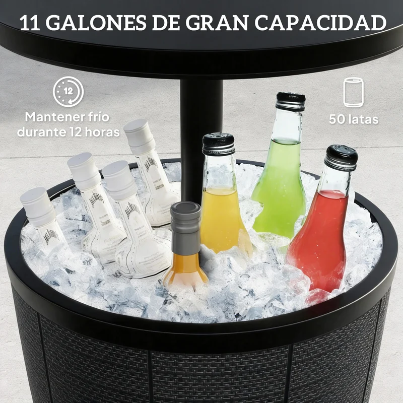 Outsunny Mesa Nevera para Exterior, 41 L, 3 en 1, Cool Bar, Mesa Auxiliar, Altura Ajustable 58-84 cm, con Cubo de Hielo, Tapa Superior Elevable, para Fiesta, Piscina, Jardín, Patio, Negro
