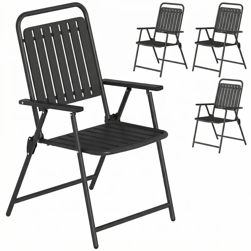 Outsunny Juego de 4 Sillas de Jardín Exterior Plegables, Sillas Terraza Exterior con Reposabrazos, Respaldo y Asiento de PP, Marco Metálico, 55x63x93 cm, Negro