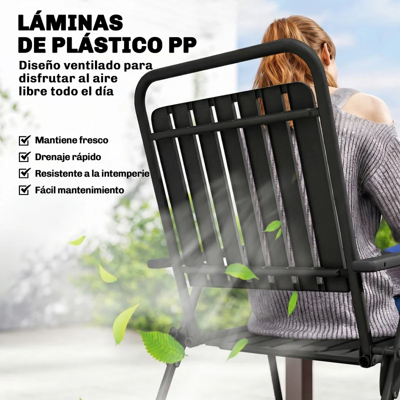 Outsunny Juego de 4 Sillas de Jardín Exterior Plegables, Sillas Terraza Exterior con Reposabrazos, Respaldo y Asiento de PP, Marco Metálico, 55x63x93 cm, Negro