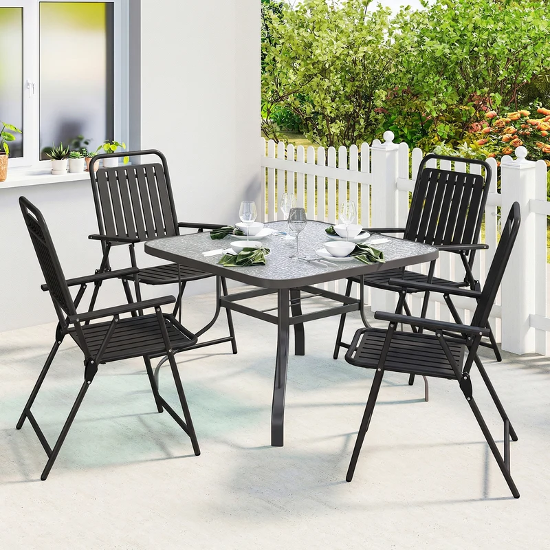 Outsunny Juego de 4 Sillas de Jardín Exterior Plegables, Sillas Terraza Exterior con Reposabrazos, Respaldo y Asiento de PP, Marco Metálico, 55x63x93 cm, Negro