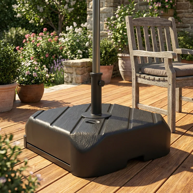 Outsunny Base para Sombrilla con Ruedas, Soporte de Parasol de HDPE, Pie para Sombrilla con Postes Ø38 mm, Ø48 mm, Rellenable de Arena 72 kg o Agua 45 Litros, con Asa Telescópica, para Jardín, Patio, Terraza, Negro