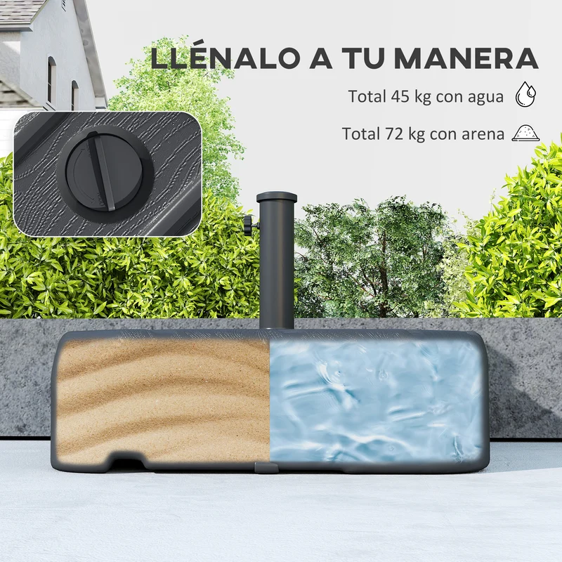 Outsunny Base para Sombrilla con Ruedas, Soporte de Parasol de HDPE, Pie para Sombrilla con Postes Ø38 mm, Ø48 mm, Rellenable de Arena 72 kg o Agua 45 Litros, con Asa Telescópica, para Jardín, Patio, Terraza, Negro