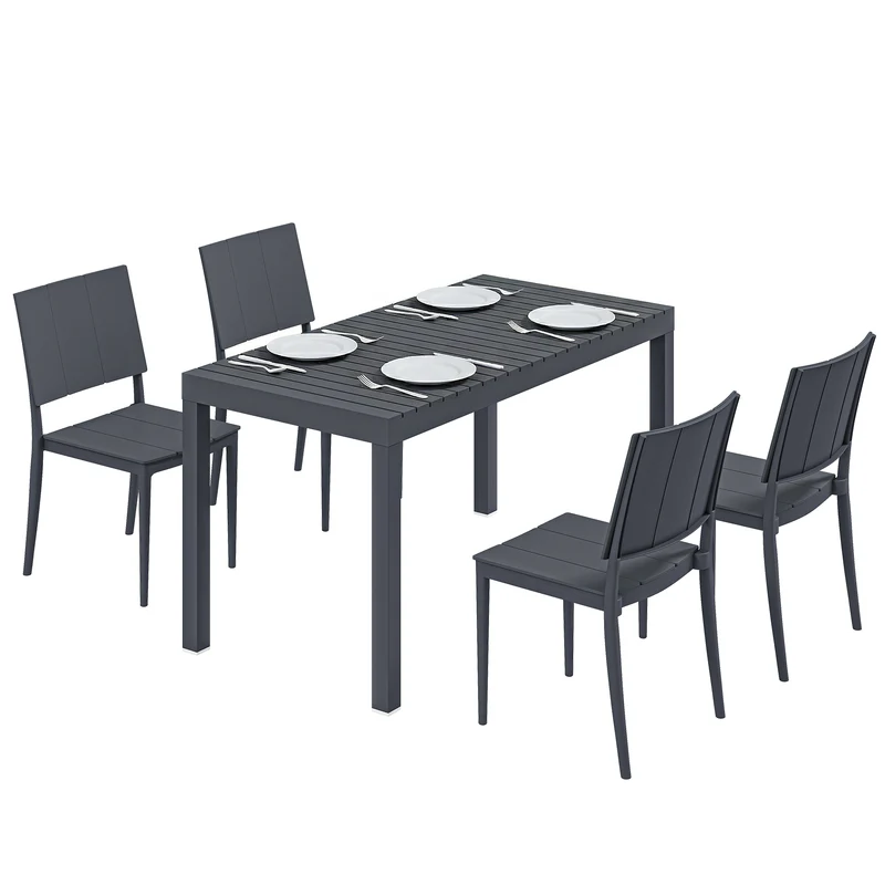 Outsunny Conjunto de Mesa y Sillas Jardín de 5 Piezas, Muebles Jardín Exterior con Mesa de Tablero Ranurado, 4 Sillas Apilables, Marco Metálico para 4 Personas, para Patio, Terraza, Gris Oscuro