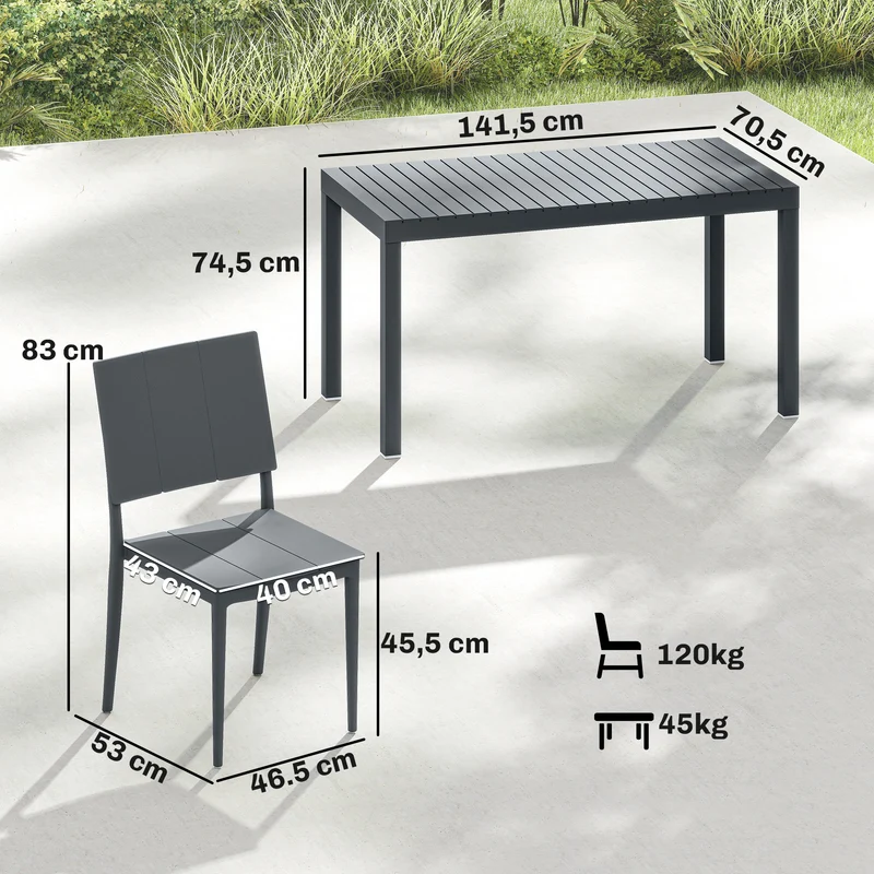 Outsunny Conjunto de Mesa y Sillas Jardín de 5 Piezas, Muebles Jardín Exterior con Mesa de Tablero Ranurado, 4 Sillas Apilables, Marco Metálico para 4 Personas, para Patio, Terraza, Gris Oscuro