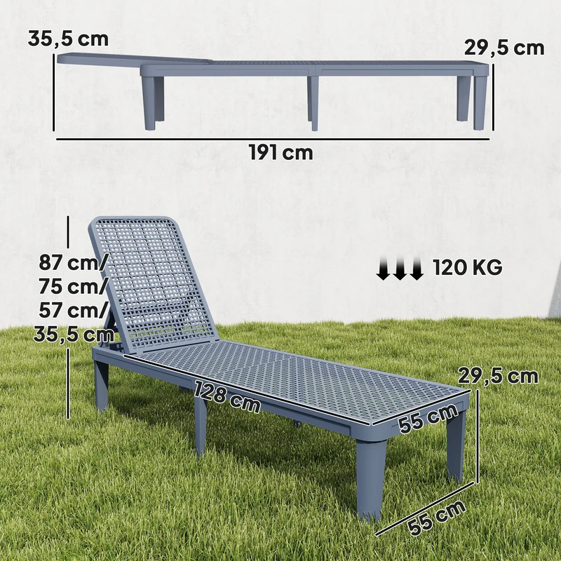 Outsunny Tumbona Reclinable, Tumbona Jardín Exterior de PP con Respaldo Ajustable en 4 Niveles, Carga 120 kg, para Patio, Terraza, Balcón, Montaje Fácil, 191x55x35,5 cm, Gris Oscuro