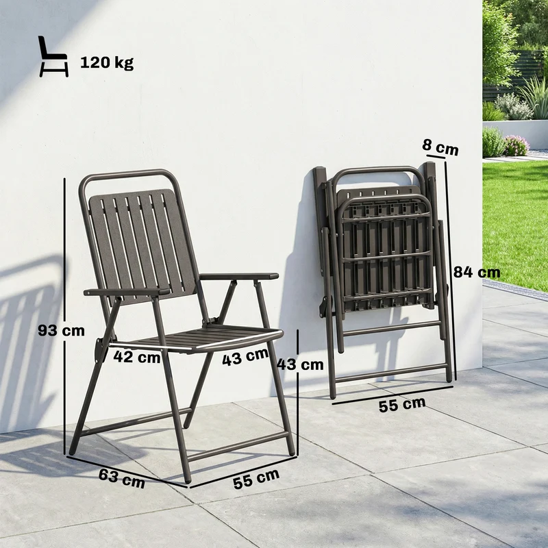 Outsunny Juego de 4 Sillas de Jardín Exterior Plegables, Sillas Terraza Exterior con Reposabrazos, Respaldo y Asiento de PP, Marco Metálico, 55x63x93 cm, Marrón