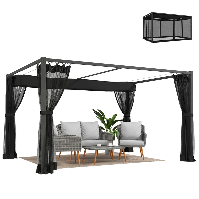 Outsunny Pérgola de Jardín 3x4 m con Techo Retráctil y 4 Paredes Laterales de Malla, Cenador de Jardín con Estructura de Aluminio, UPF30+, Pabellón para Exterior, Patio, Terraza, Gris Oscuro