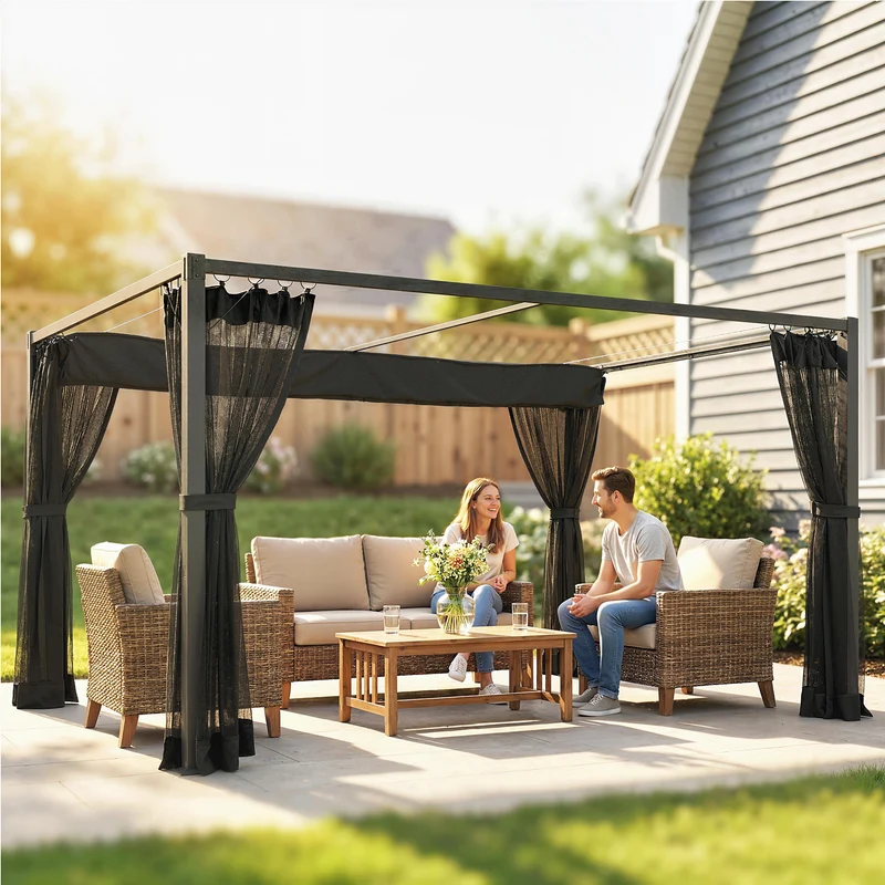 Outsunny Pérgola de Jardín 3x4 m con Techo Retráctil y 4 Paredes Laterales de Malla, Cenador de Jardín con Estructura de Aluminio, UPF30+, Pabellón para Exterior, Patio, Terraza, Gris Oscuro