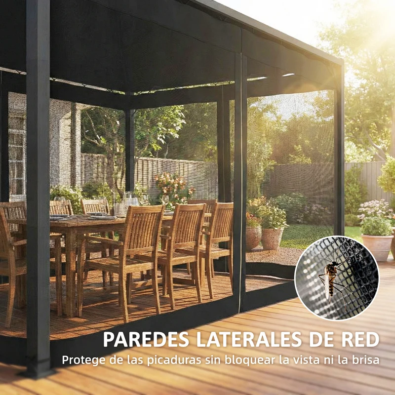 Outsunny Pérgola de Jardín 3x4 m con Techo Retráctil y 4 Paredes Laterales de Malla, Cenador de Jardín con Estructura de Aluminio, UPF30+, Pabellón para Exterior, Patio, Terraza, Gris Oscuro