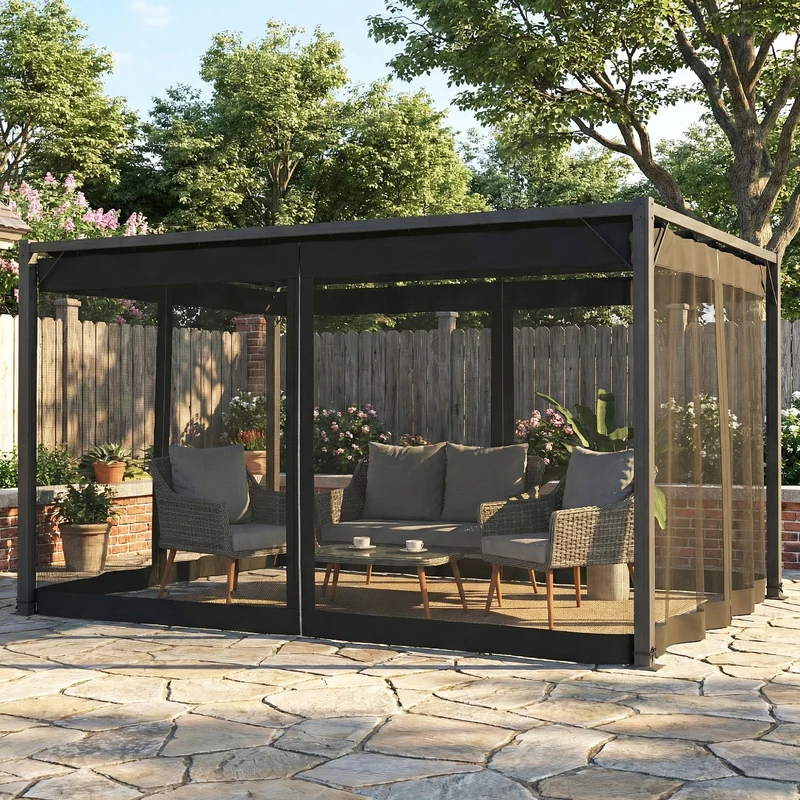 Outsunny Pérgola de Jardín 3x4 m con Techo Retráctil y 4 Paredes Laterales de Malla, Cenador de Jardín con Estructura de Aluminio, UPF30+, Pabellón para Exterior, Patio, Terraza, Gris Oscuro