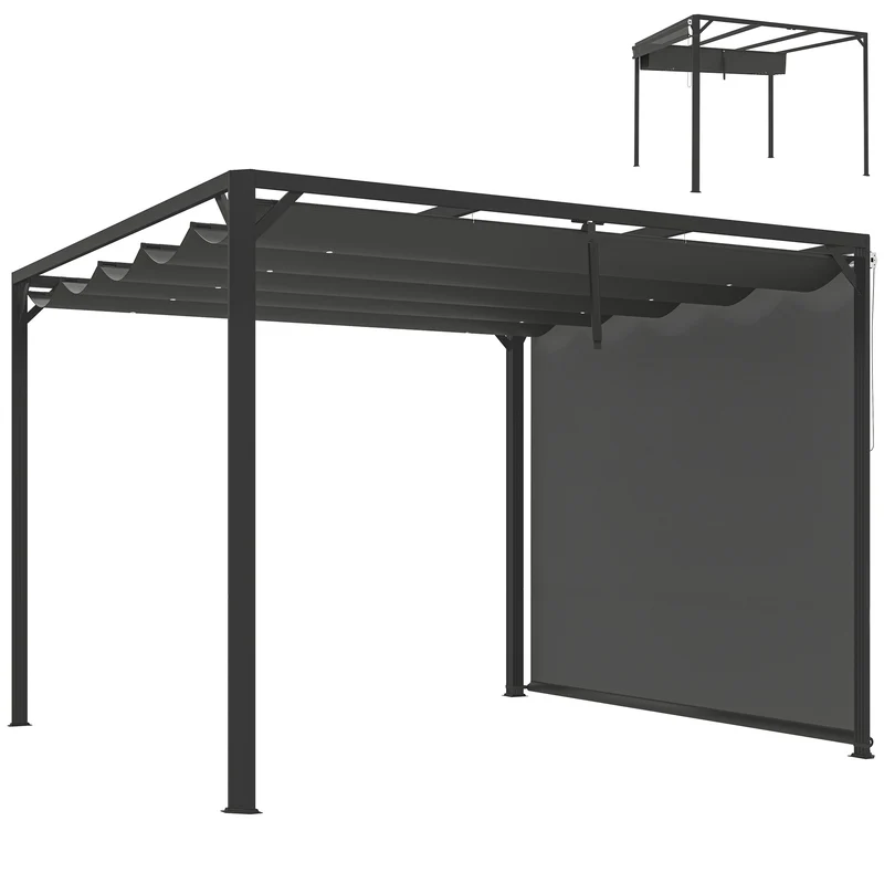 Outsunny Pérgola de Jardín 3x3 m con Techo Retráctil y Pared Lateral Enrollable, Cenador de Jardín con Estructura de Aluminio, UPF30+, Pabellón para Exterior, Patio, Terraza, Gris Oscuro