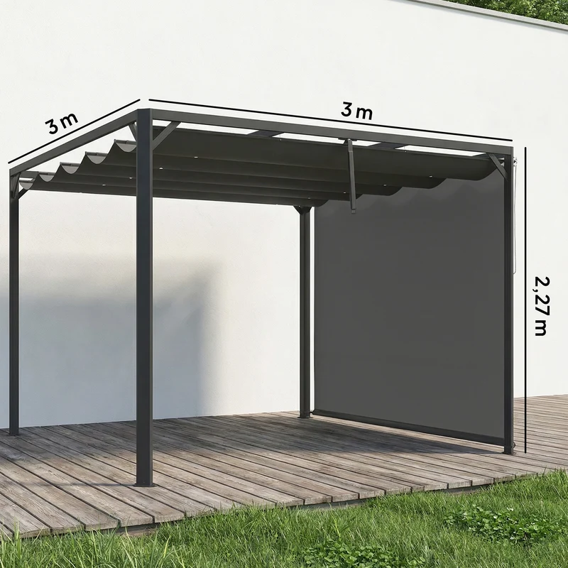 Outsunny Pérgola de Jardín 3x3 m con Techo Retráctil y Pared Lateral Enrollable, Cenador de Jardín con Estructura de Aluminio, UPF30+, Pabellón para Exterior, Patio, Terraza, Gris Oscuro