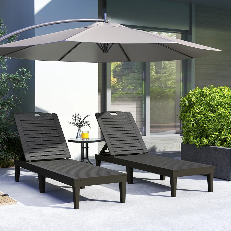 Outsunny Pack de 2 Tumbonas de Jardín Exterior, Tumbonas Reclinables de Plástico PP con Respaldo Ajustable de 4 Niveles, Resistentes a la Intemperie, para Playa, Piscina, Negro