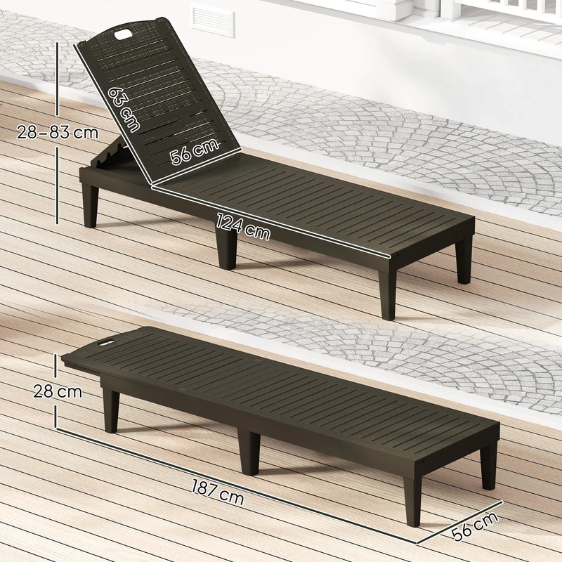 Outsunny Pack de 2 Tumbonas de Jardín Exterior, Tumbonas Reclinables de Plástico PP con Respaldo Ajustable de 4 Niveles, Resistentes a la Intemperie, para Playa, Piscina, Negro