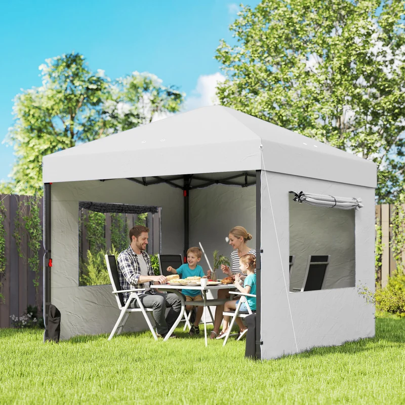 Outsunny Carpa Plegable 3x3 m, Pop-up, Cenador Pabellón de Jardín con 3 Paredes Laterales, 2 Ventanas Malla, UPF50+, Altura Ajustable 3 Niveles, Bolsa Transporte, Sacos Arena, Gazebo Exterior, Blanco